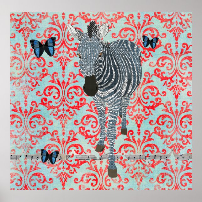 Boho Blue Zebra & Butterflies Damask Poster (Front)