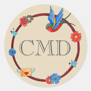 Boho Bluebird Monogram Classic Round Sticker