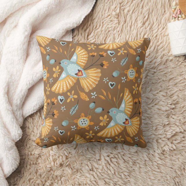Boho Bluebird Pattern on Brown Cushion (Blanket)