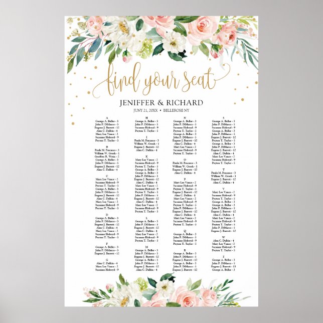 Boho blush alphabetical wedding seating chart (Front)