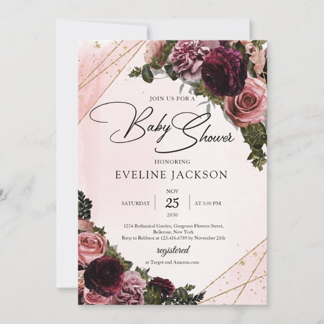 Boho Blush and burgundy maroon floral gold frame  Invitation (Front)