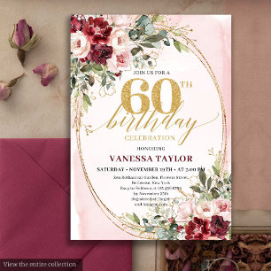 Boho Blush and Gold Burgundy 60th Birthday Card