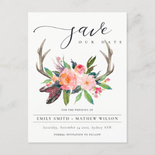 BOHO BLUSH ANTLER FLORAL COUNTRY SAVE THE DATE ANNOUNCEMENT POSTCARD