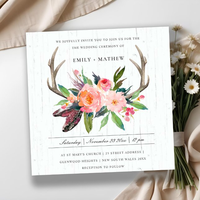 BOHO BLUSH ANTLER FLORAL WOODEN COUNTRY WEDDING INVITATION (Creator Uploaded)