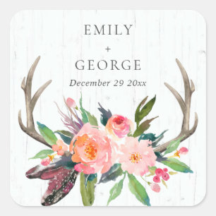 BOHO BLUSH ANTLER FLORAL WOODEN COUNTRY  WEDDING SQUARE STICKER