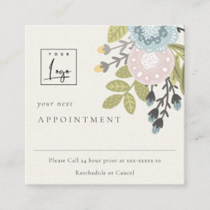 Boho Blush Blue Floral Logo Appointment Reminder Square Business Card