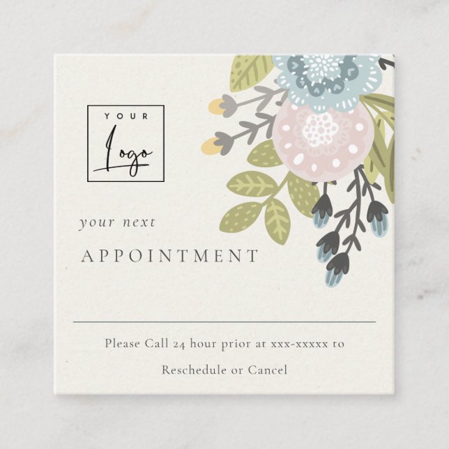 Boho Blush Blue Floral Logo Appointment Reminder Square Business Card (Front)