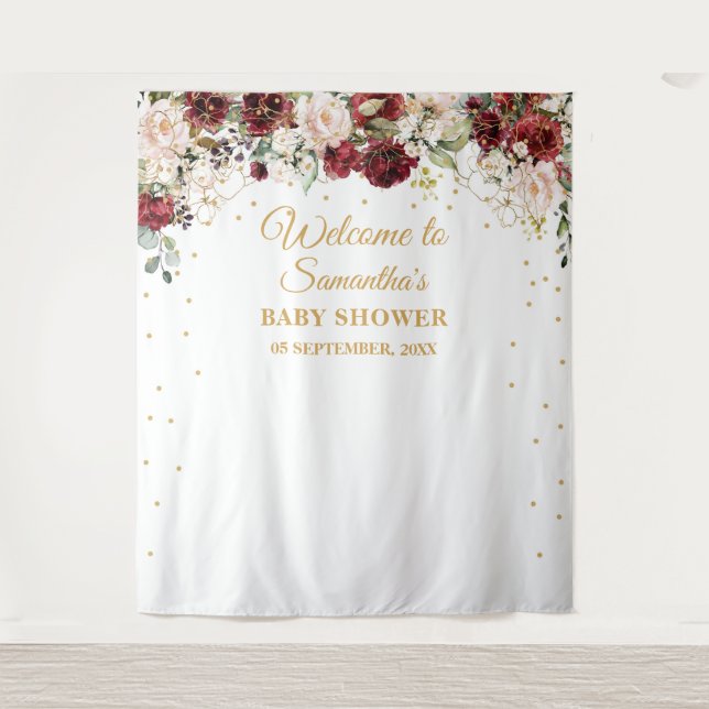 Boho blush burgundy floral gold frame baby shower tapestry (Front)