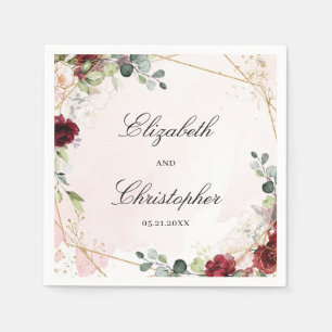 Boho blush burgundy floral gold geomertic wedding napkin