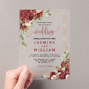 Boho Blush Burgundy Floral  Gold Geometric Wedding Acrylic Invitations