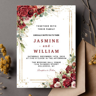 Boho Blush Burgundy Floral Gold Geometric Wedding Invitation