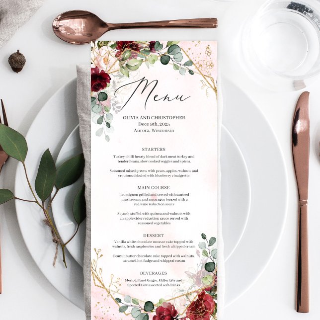 Boho blush burgundy floral gold geometric wedding menu (Modern blush and burgundy floral gold geometric boho wedding dinner menu )