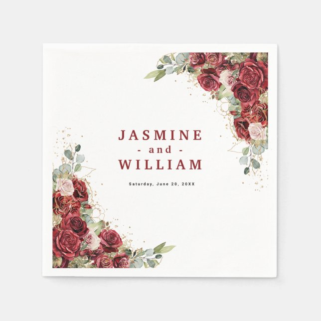 Boho Blush Burgundy Floral Gold Geometric Wedding Napkin (Front)