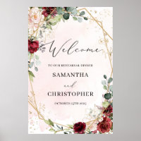 Boho blush burgundy floral rehearsal welcome sign
