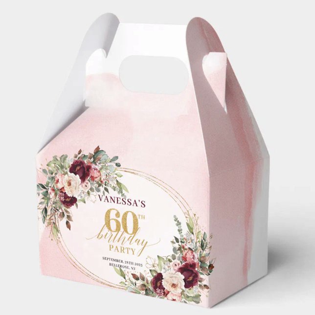 Boho Blush Burgundy Gold Floral 60th Gift Box (Luxurious Boho Burgundy Roses 60th Birthday Favor

)