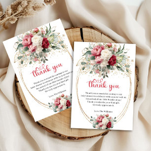 Boho Blush Burgundy Gold Floral Baby Shower Thanks Thank You Card