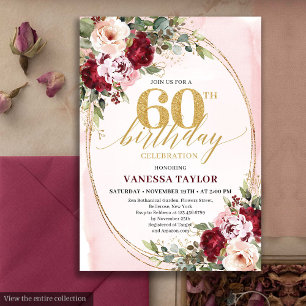 Boho Blush Burgundy Gold Roses 60th Birthday Invitation