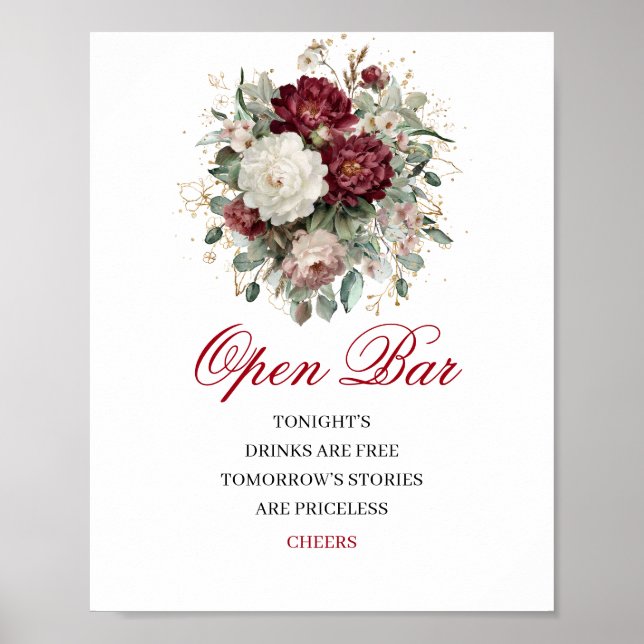 Boho Blush Burgundy Open Bar Wedding Sign Poster (Front)