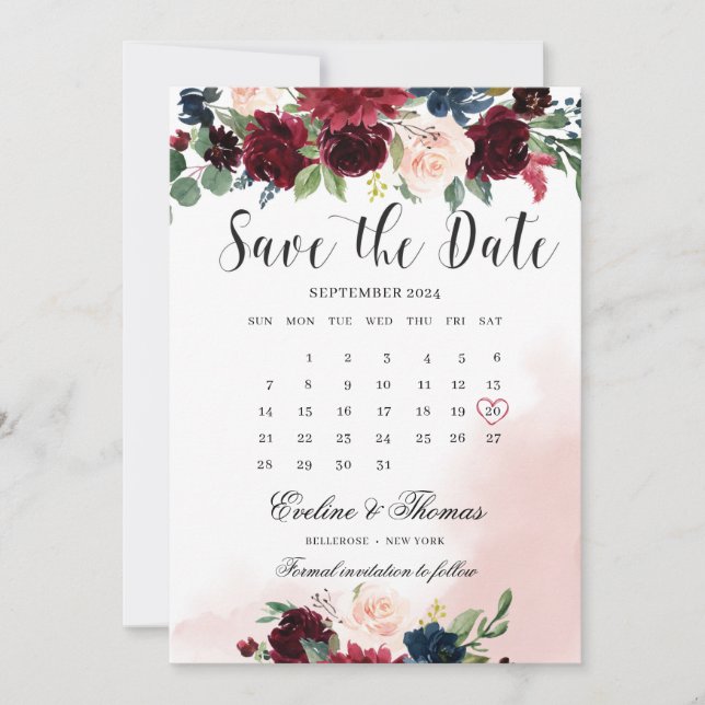 Boho blush burgundy pink navy floral wedding save the date (Front)