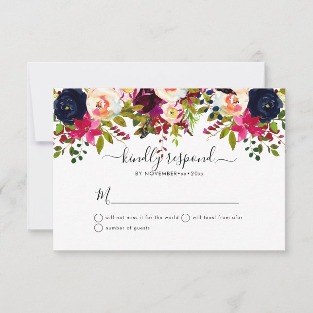 Boho Blush+Burgundy Watercolor Flowers RSVP Invitation (Front)