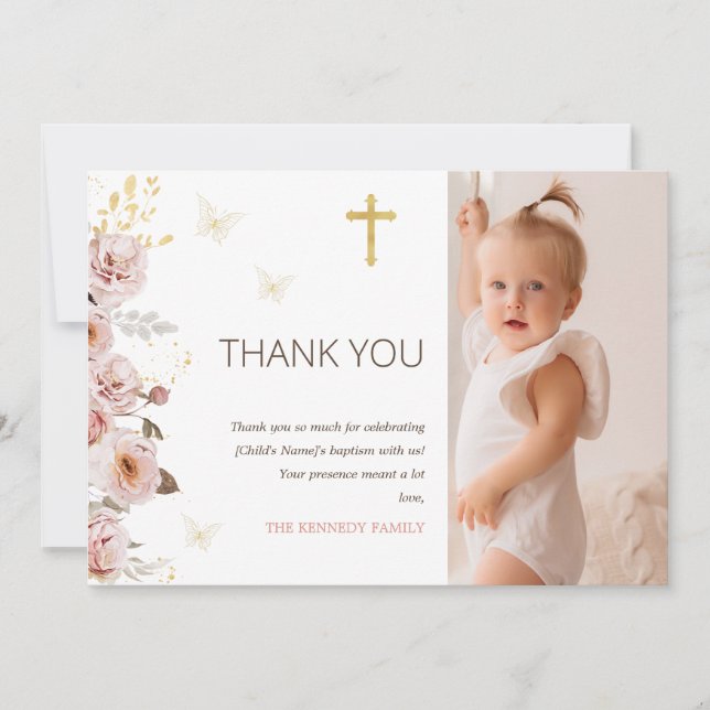 Boho Blush Butterfly Baptism Thank You Card (Front)