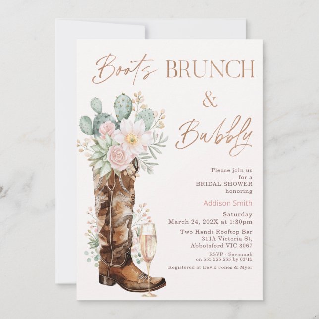 Boho Blush Cacti Boots Brunch Bubbly Bridal Shower Invitation (Front)