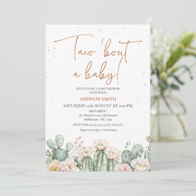 Boho Blush Cactus Taco 'bout a Baby Baby Invitation (Standing Front)