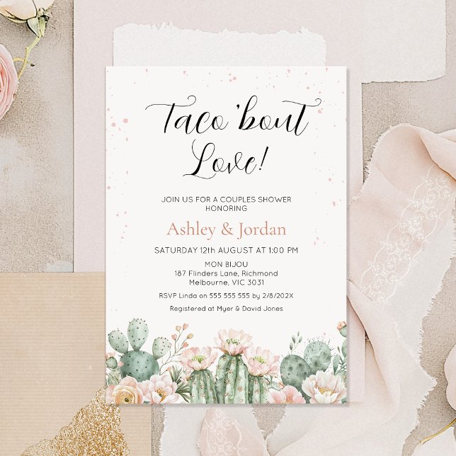 Boho Blush Cactus Taco 'bout Love Couples Bridal Invitation (Light Blush Floral Taco 'bout Love Couples Bridal Shower Invitation, Flowering Cactus Fiesta Theme)