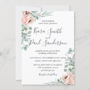 Boho Blush Dusty Pink Floral Eucalyptus Wedding Invitation