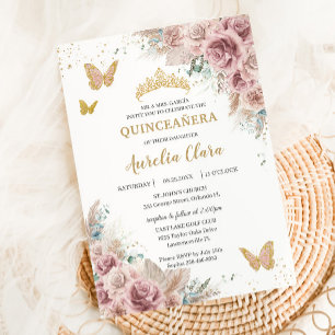 Boho Blush Dusty Rose Floral Pampas Quinceañera  Invitation