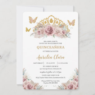 Boho Blush Dusty Rose Floral Pampas Quinceañera  Invitation