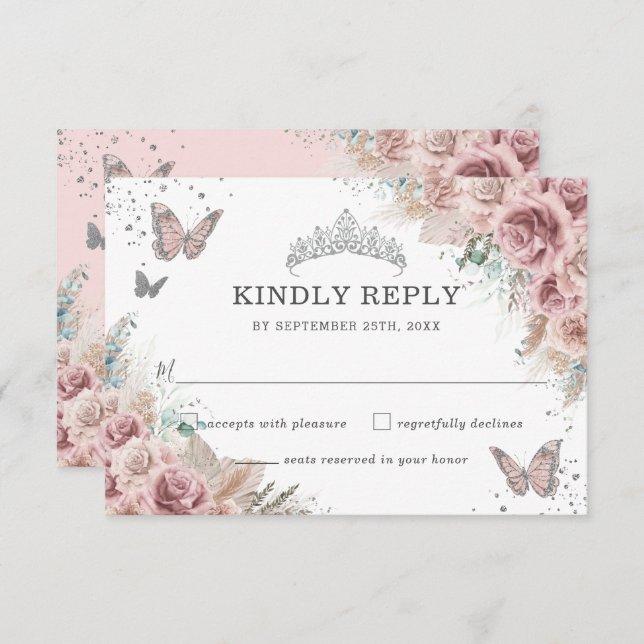 Boho Blush Dusty Rose Floral Pampas Quinceañera RSVP Card (Front/Back)