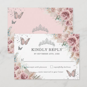 Boho Blush Dusty Rose Floral Pampas Quinceañera RSVP Card