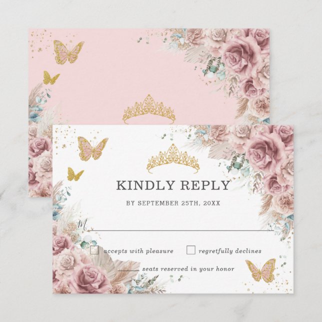 Boho Blush Dusty Rose Floral Pampas Quinceanera  RSVP Card (Front/Back)