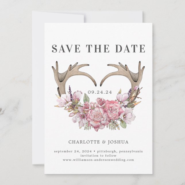 Boho Blush Floral Antlers Photo Save the Date  (Front)