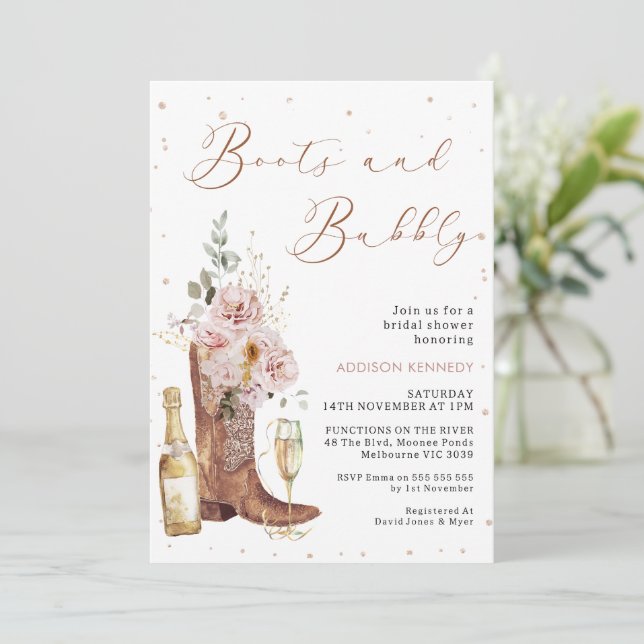 Boho Blush Floral Bottle Boot Bubbly Bridal Shower Invitation (Standing Front)