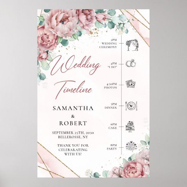 Boho blush floral eucalyprus gold wedding Timeline Poster (Front)