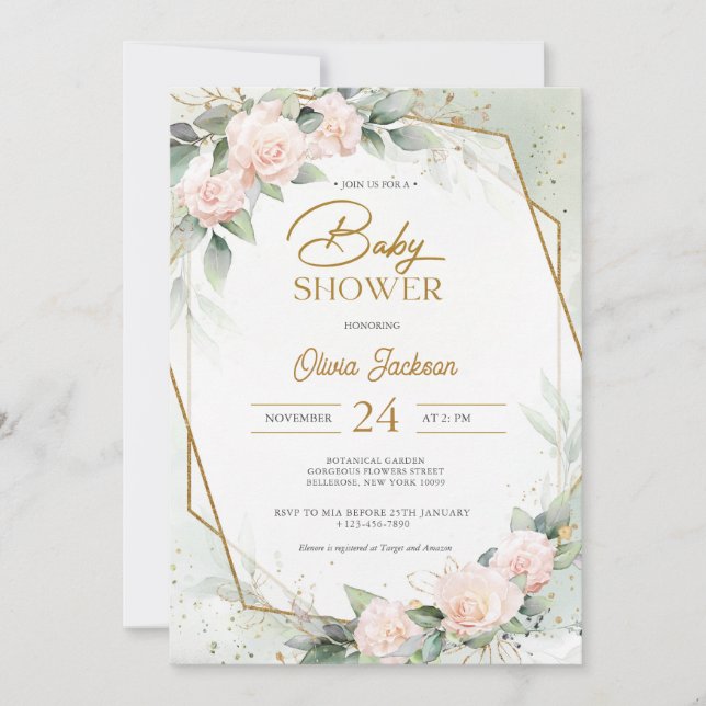 Boho Blush Floral Eucalyptus Frame Baby Shower Invitation (Front)