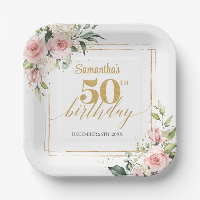 Boho blush floral eucalyptus gold 50th birthday paper plate (Front)