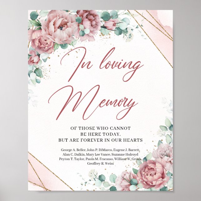 Boho blush floral eucalyptus In loving memory sign (Front)