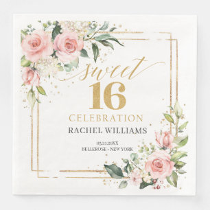 Boho  blush floral eucalyptus sweet 16th birthday napkin