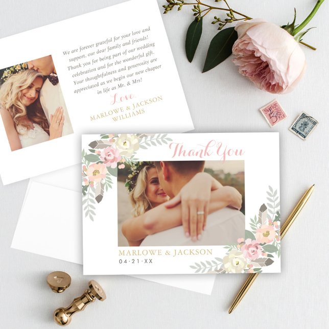Boho Blush Floral Feather Wedding Photo Thank You Card (Creator Uploaded)