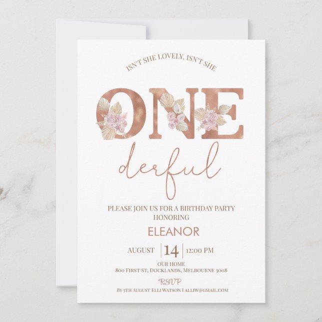 Boho Blush Floral Girls Onederful 1st Birthday Invitation (Front)