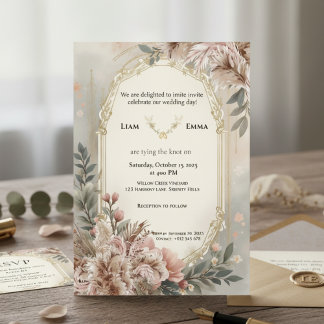 Boho Blush Floral Gold Wedding Invite