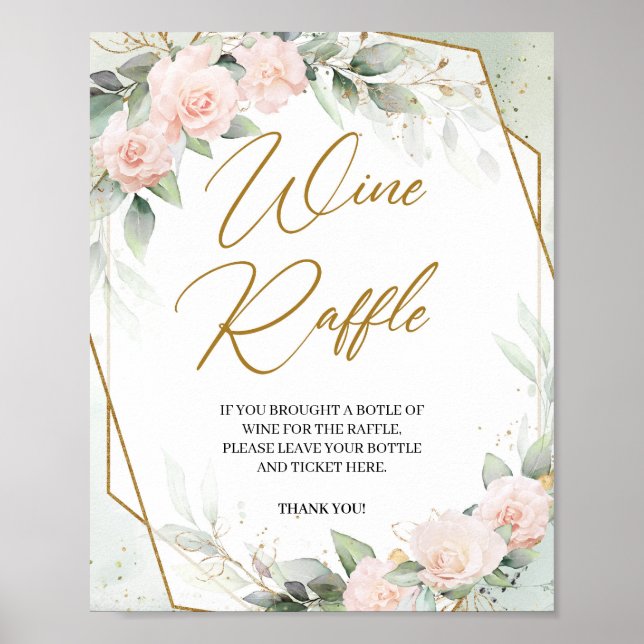 Boho blush floral greenery gold frame Wine Raffle Poster (Front)