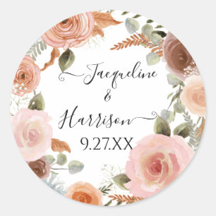 BOHO Blush Floral Peach Rust Greenery Watercolor Classic Round Sticker