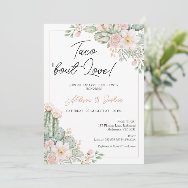 Boho Blush Floral Taco 'bout Love Couples Bridal Invitation (Standing Front)