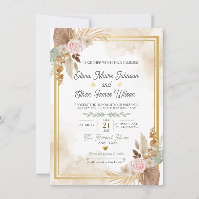 Boho Blush Floral Wedding Invitation (Front)
