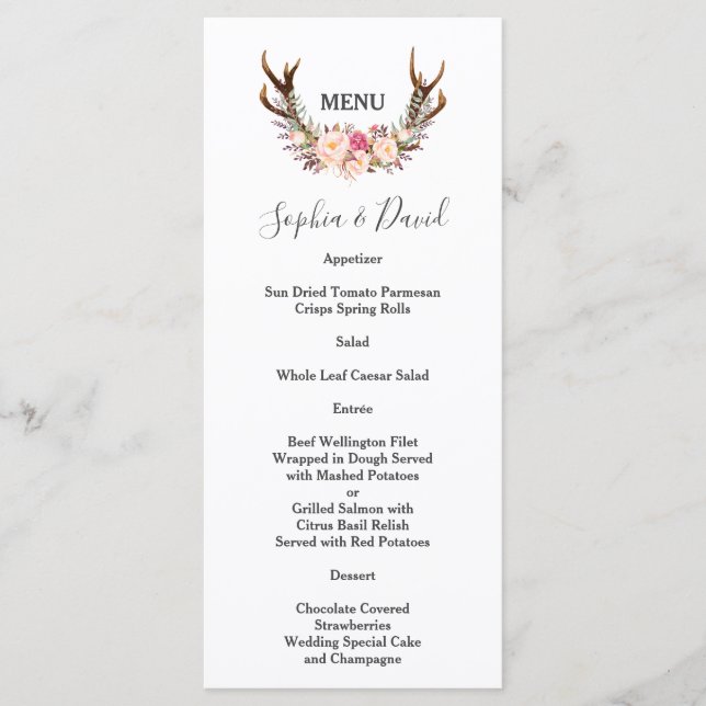 Boho Blush Flowers Antlers Wedding Menu (Front)