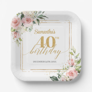 Boho blush flowers eucalyptus gold 40th birthday paper plate
